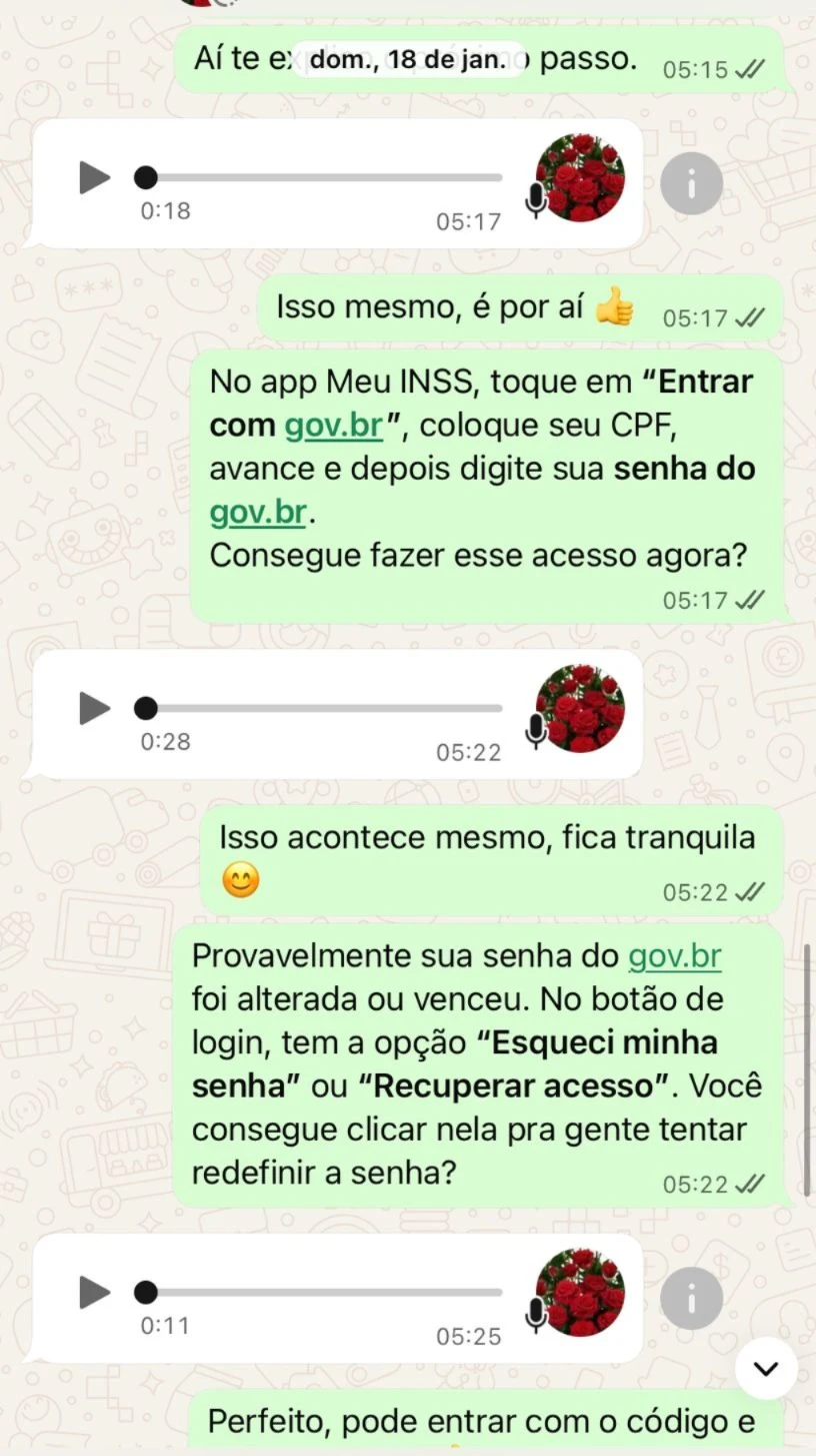 Conversa da TAI por volta das cinco horas da manhã de domingo, orientando com paciência o acesso e a recuperação de senha do gov.br