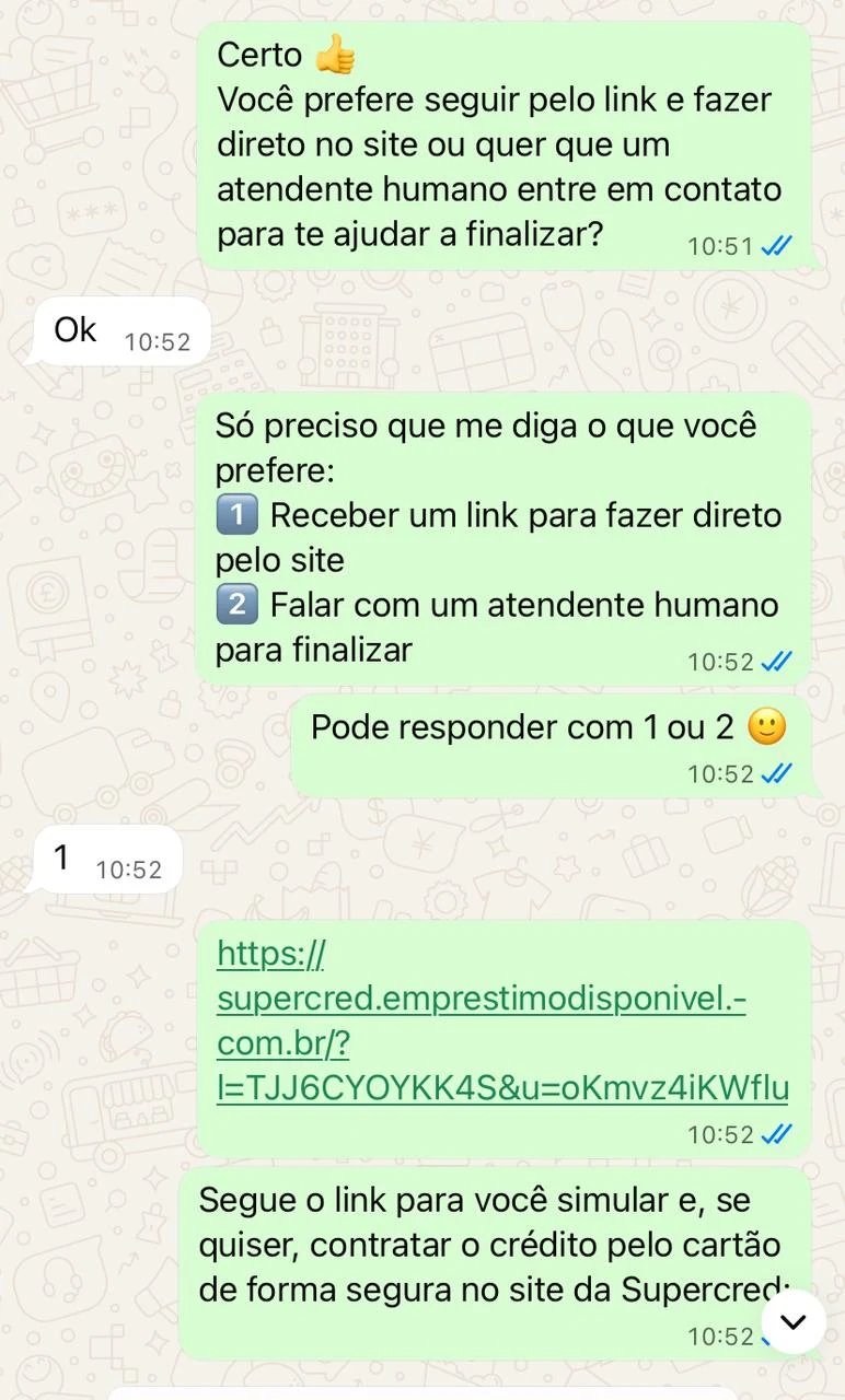 Conversa da TAI confirmando a preferência do cliente e enviando o link para simulação, com encaminhamento para a equipe