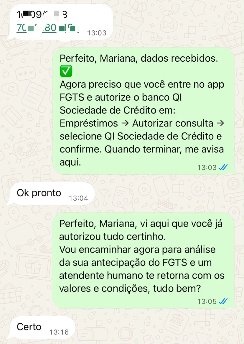 Conversa da TAI coletando informações e orientando o cliente a autorizar a consulta no aplicativo do FGTS
