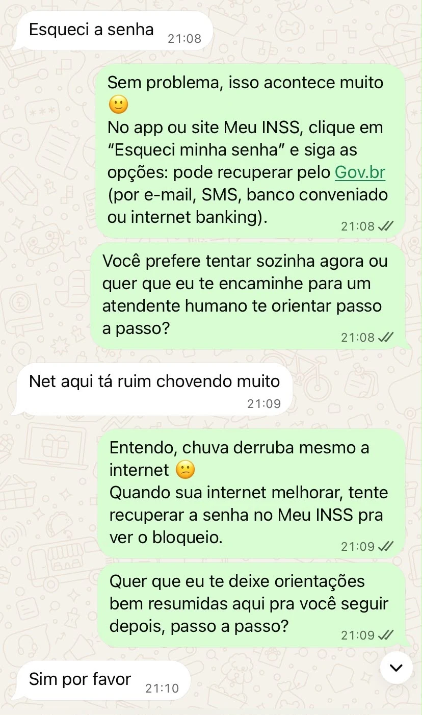 Conversa da TAI durante a noite orientando o cliente sobre recuperação de senha e acesso ao Meu INSS