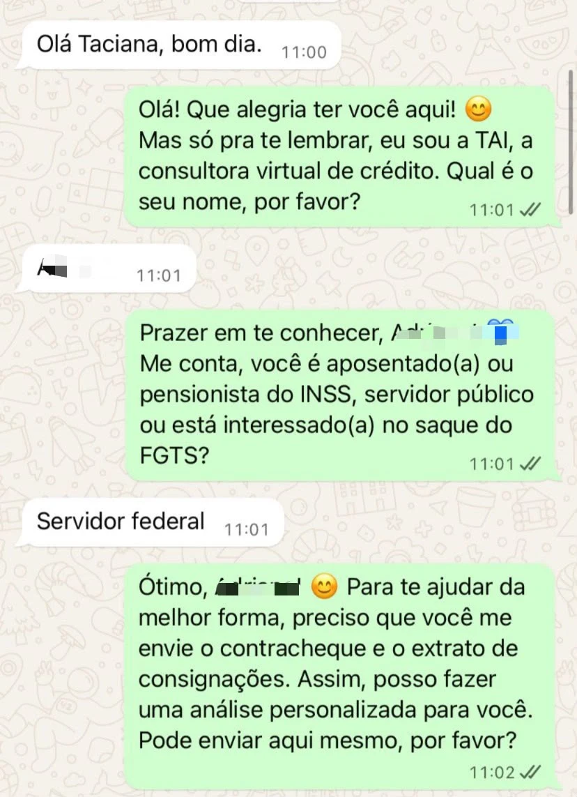Conversa da TAI identificando que o cliente é servidor federal e solicitando contracheque e extrato de consignações