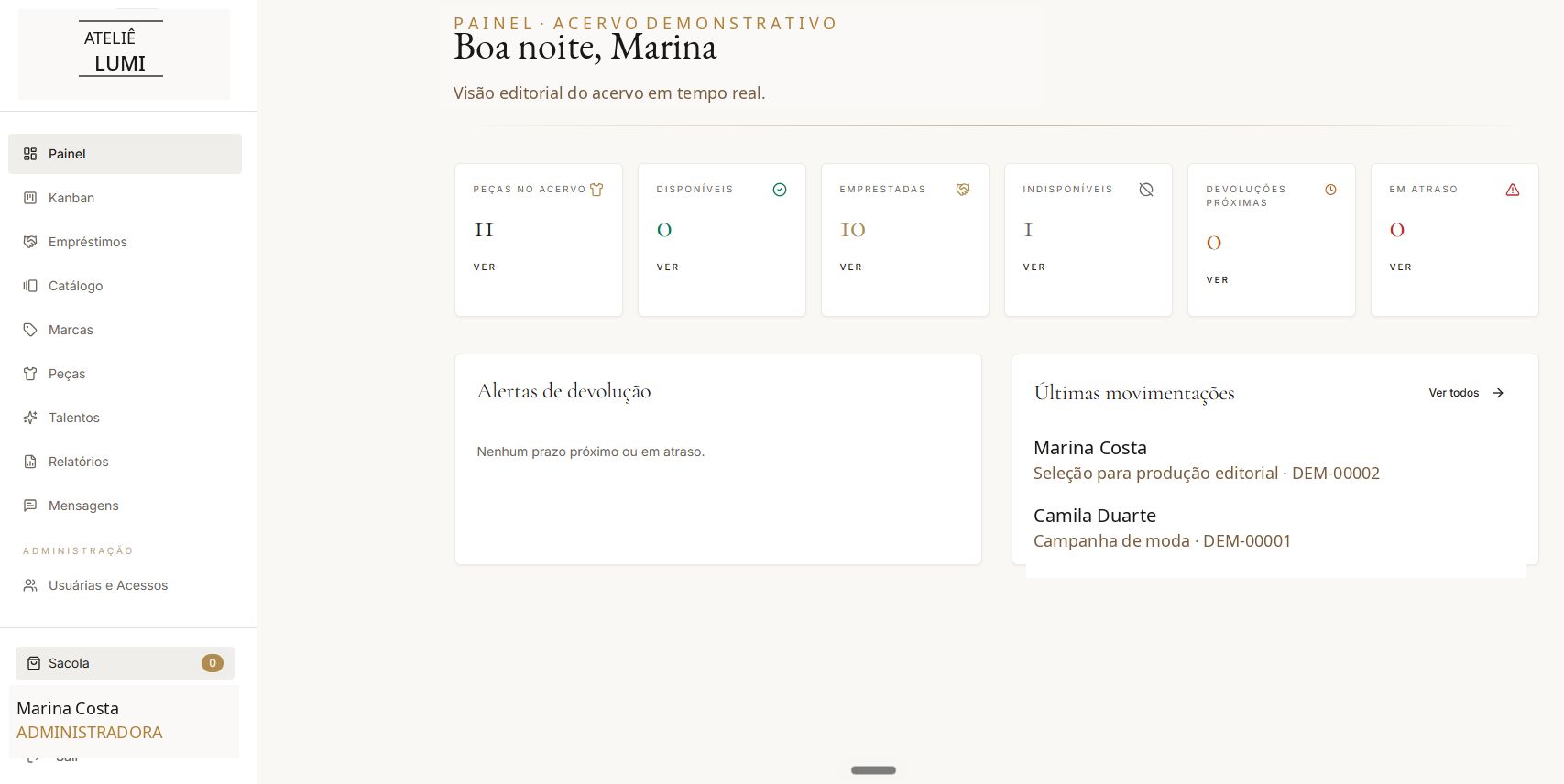 Painel do sistema de acervo com indicadores de peças, empréstimos, alertas de devolução e últimas movimentações