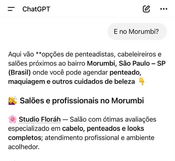 Resposta do ChatGPT citando o Studio Floráh entre salões e profissionais no Morumbi, em São Paulo