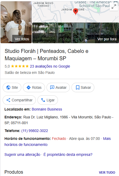 Ficha do Studio Floráh no Google com endereço, avaliações, horários e produtos
