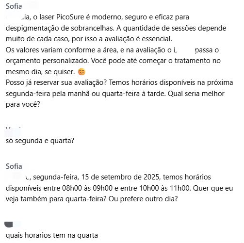 Conversa da TAI explicando o tratamento a laser e oferecendo horários disponíveis para avaliação
